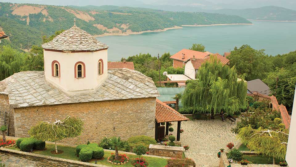 Debar Lake Rajcicki monastery with a view towards Debar Lake